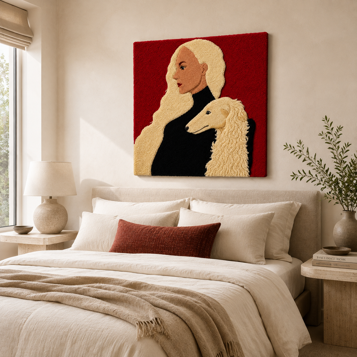 Colorful Scarlet Companion wall art by Hewn Earth featuring vibrant abstract design on a neutral background.