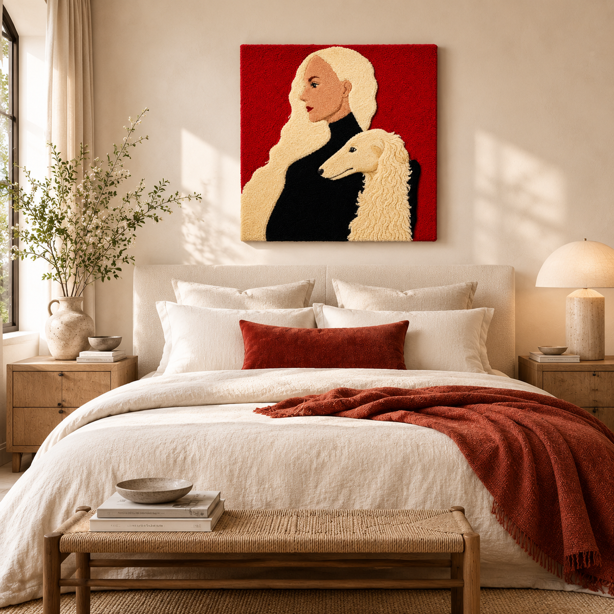 Scarlet Companion wall art by Hewn Earth featuring vibrant red and orange abstract design on canvas.