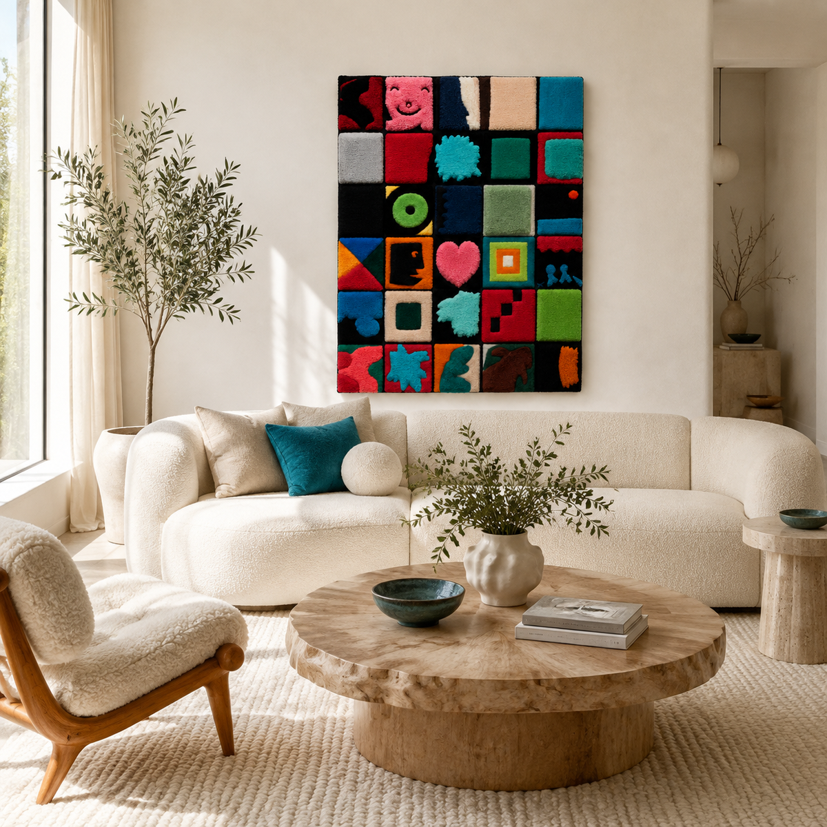 Hewn Earth wall art "Cabinet of Small Wonders" featuring intricate, colorful miniature scenes in a decorative display.