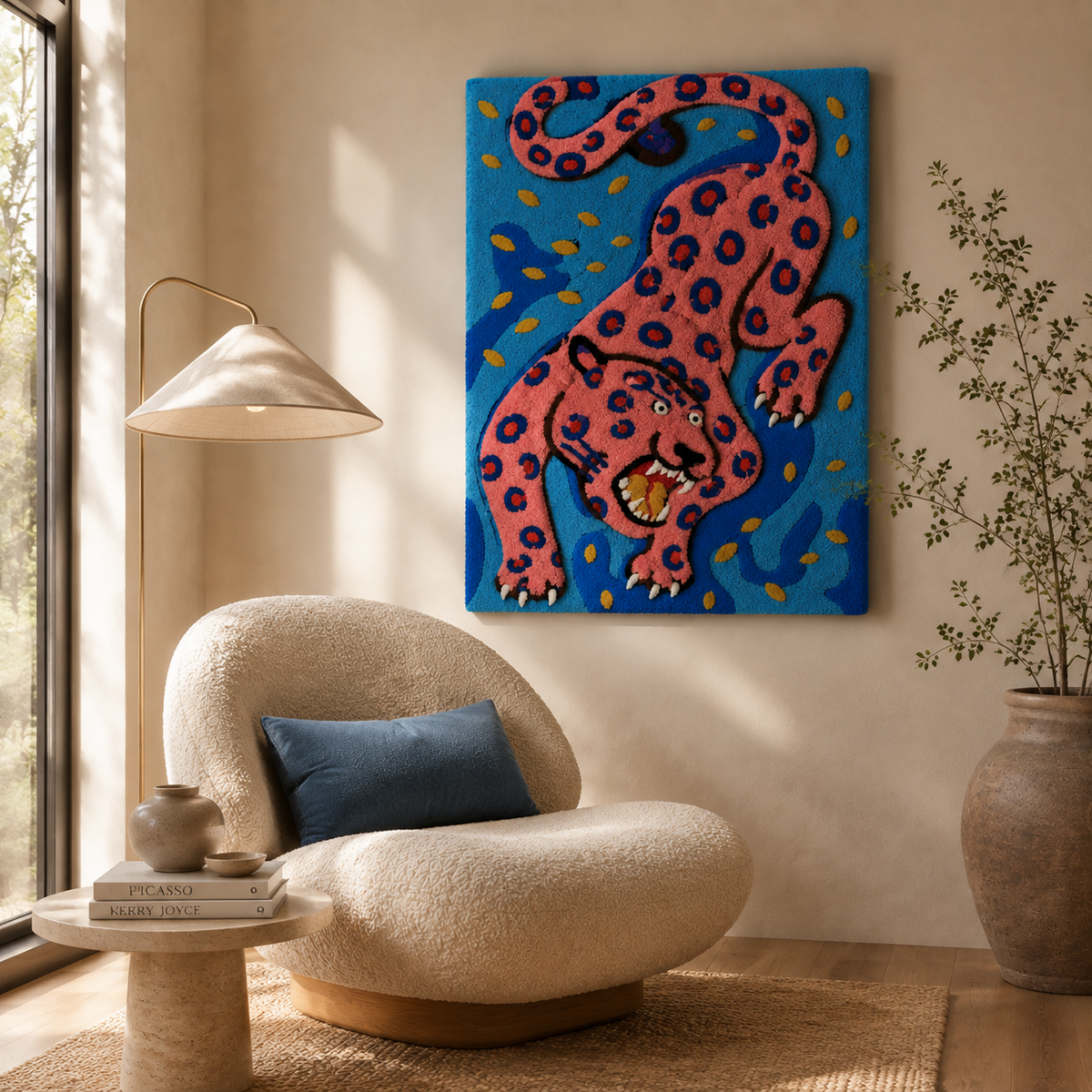 Pink leopard wall art by Hewn Earth featuring a vibrant leopard design on a neutral background.