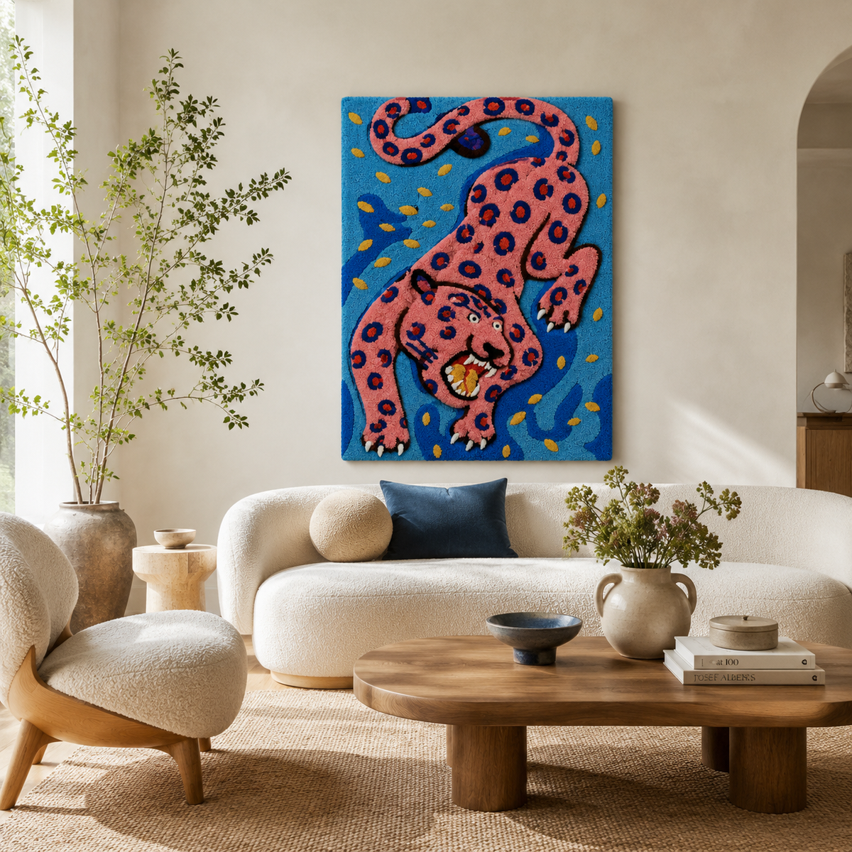 Pink leopard leap wall art by Hewn Earth featuring a vibrant pink leopard illustration on a neutral background.