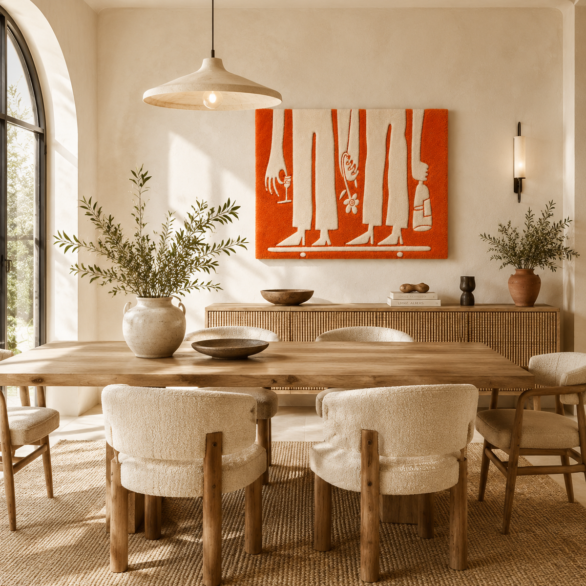 Orange assembly line wall art by Hewn Earth, modern abstract wall decor featuring vibrant orange tones and industrial-inspired design.