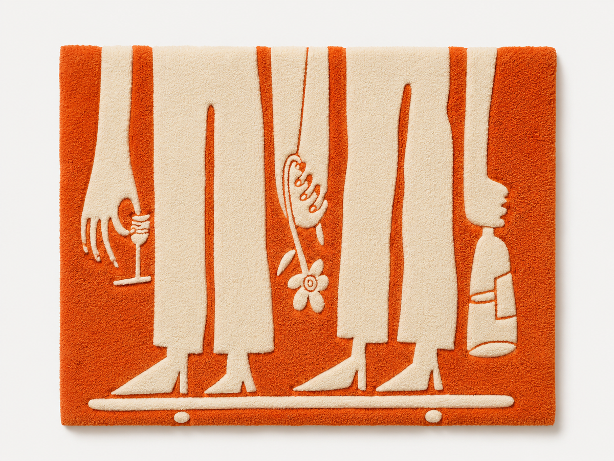 Orange Hewn Earth wall art featuring an abstract assembly line design on a light background