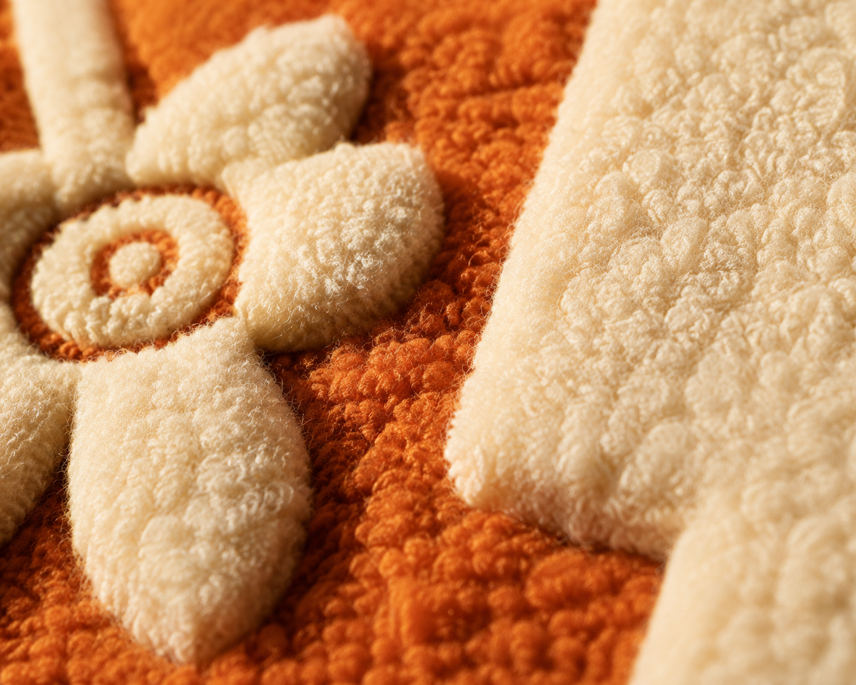 Close-up of orange Hewn Earth wall art titled "Assembly Line," showcasing textured abstract design on a wall.