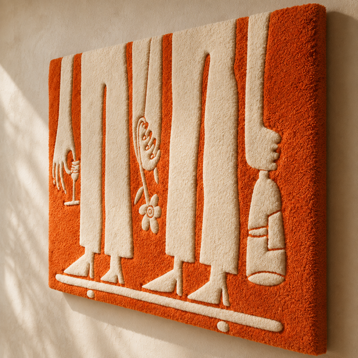 Colorful orange assembly line wall art by Hewn Earth, featuring abstract industrial-inspired design for modern interior decor.