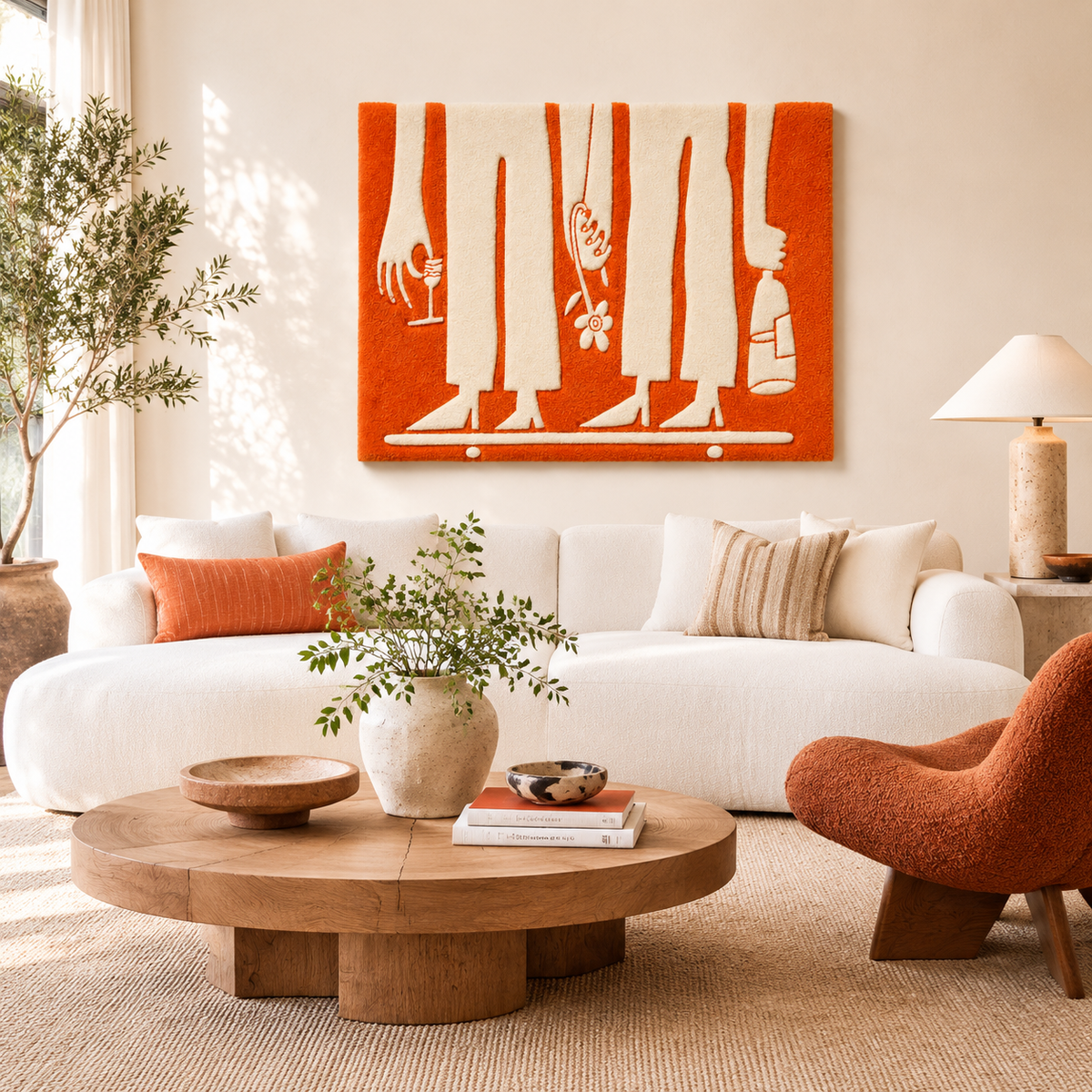 Orange Hewn Earth wall art featuring an abstract assembly line design on a white background.