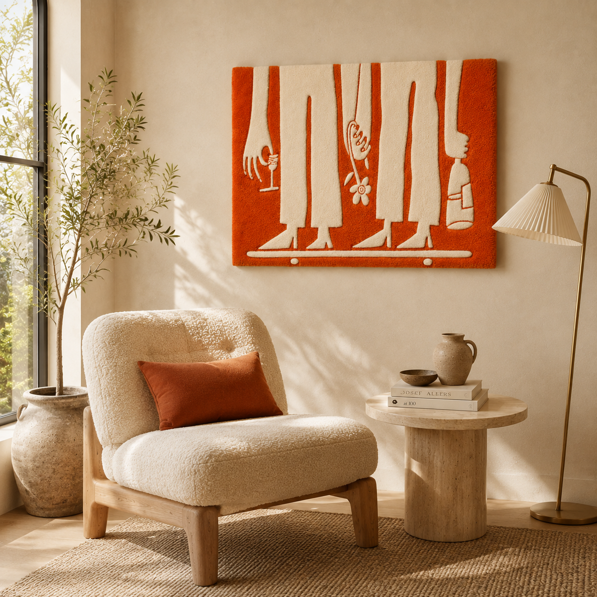 Hewn Earth orange wall art featuring an abstract assembly line design on a neutral background.