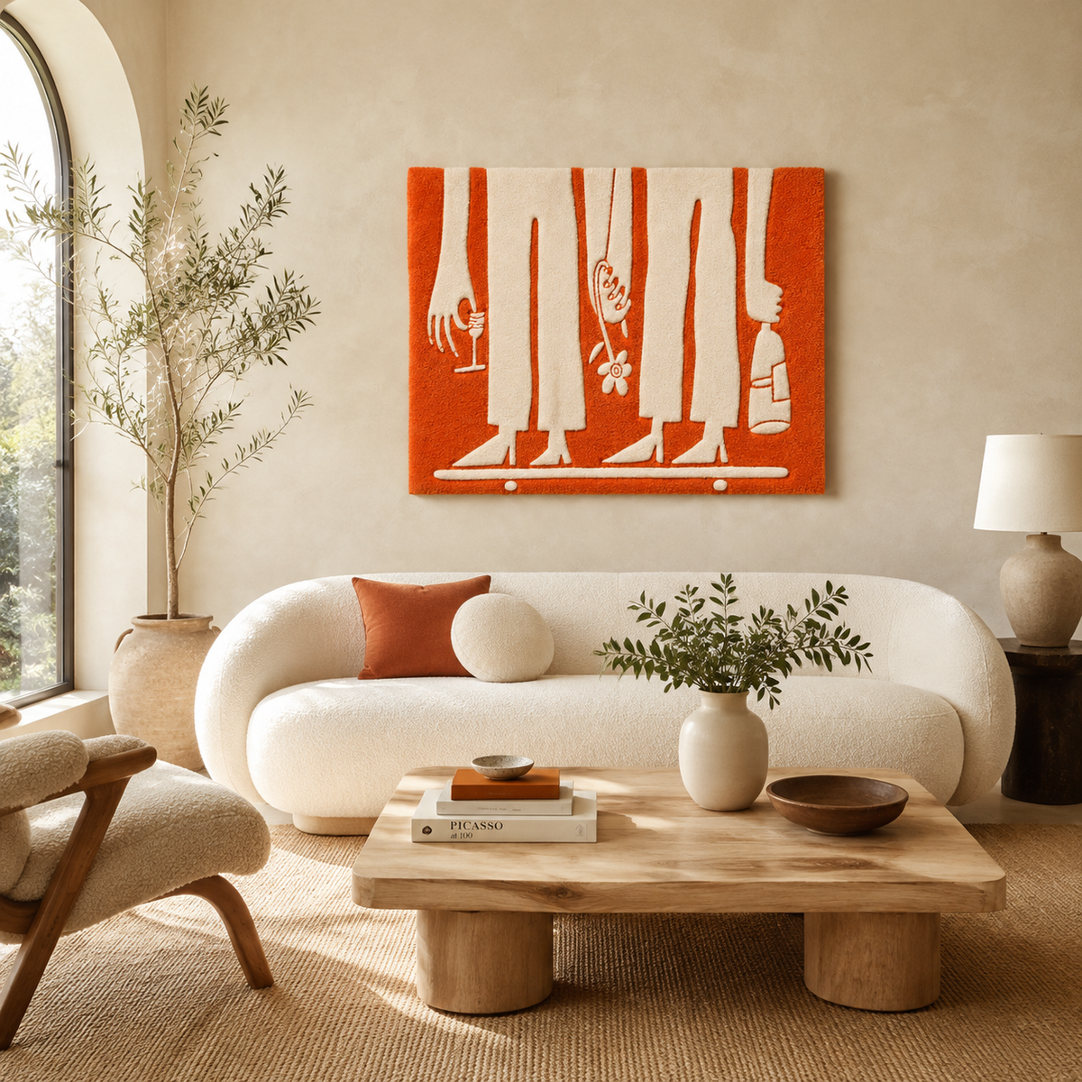 Orange Hewn Earth assembly line wall art with bold geometric shapes and vibrant colors, suitable for modern home decor.