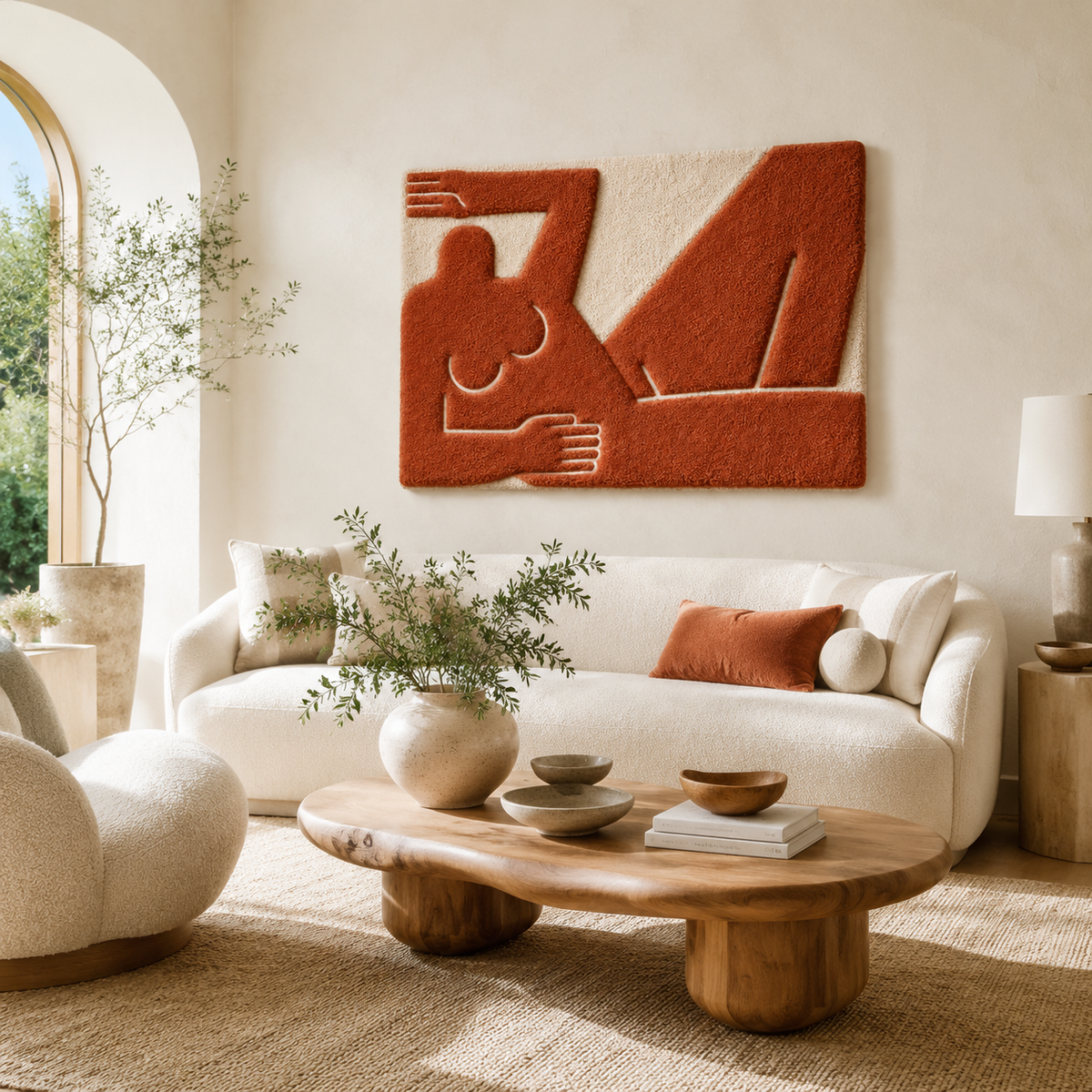 Hewn Earth terracotta wall art recline sculpture displayed on a room wall, showcasing earthy tones and textured ceramic design.