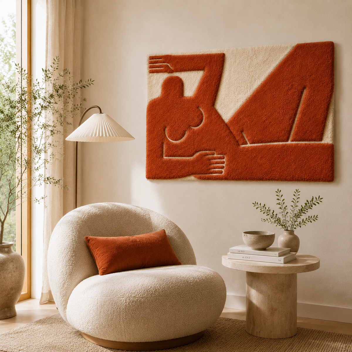 Hewn Earth terracotta wall art with a reclining abstract design, featuring warm earthy tones and textured surface.