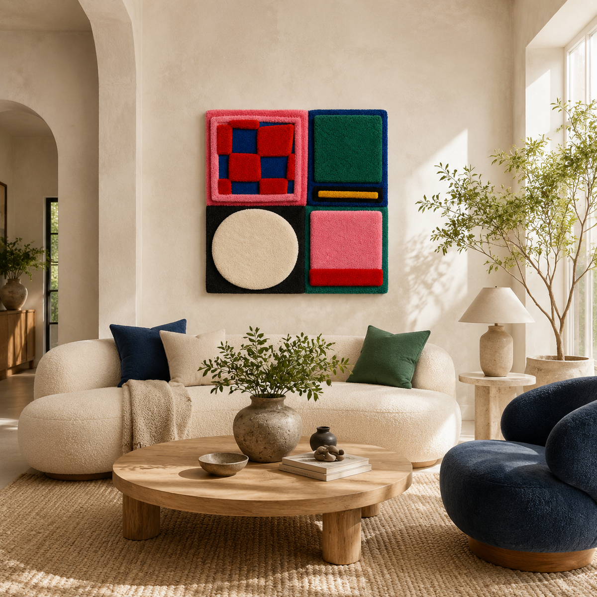 Hewn Earth Primary Colour Blocks wall art featuring vibrant geometric shapes in a modern room setting.