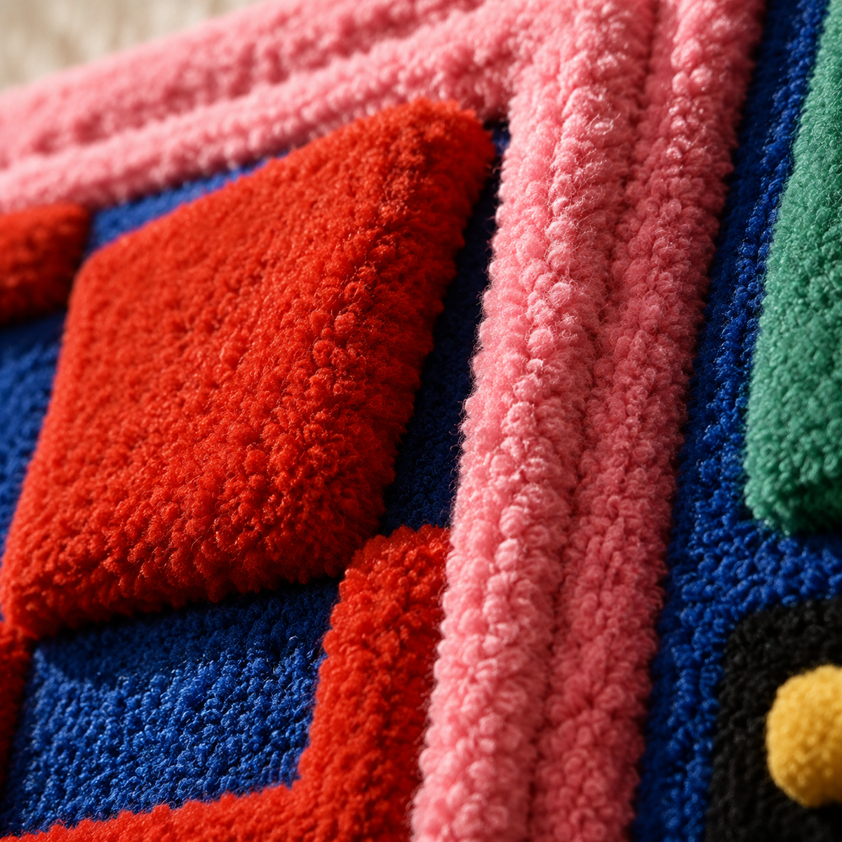 Close-up of Hewn Earth Primary Colour Blocks wall art featuring vibrant, geometric painted blocks on a neutral background.