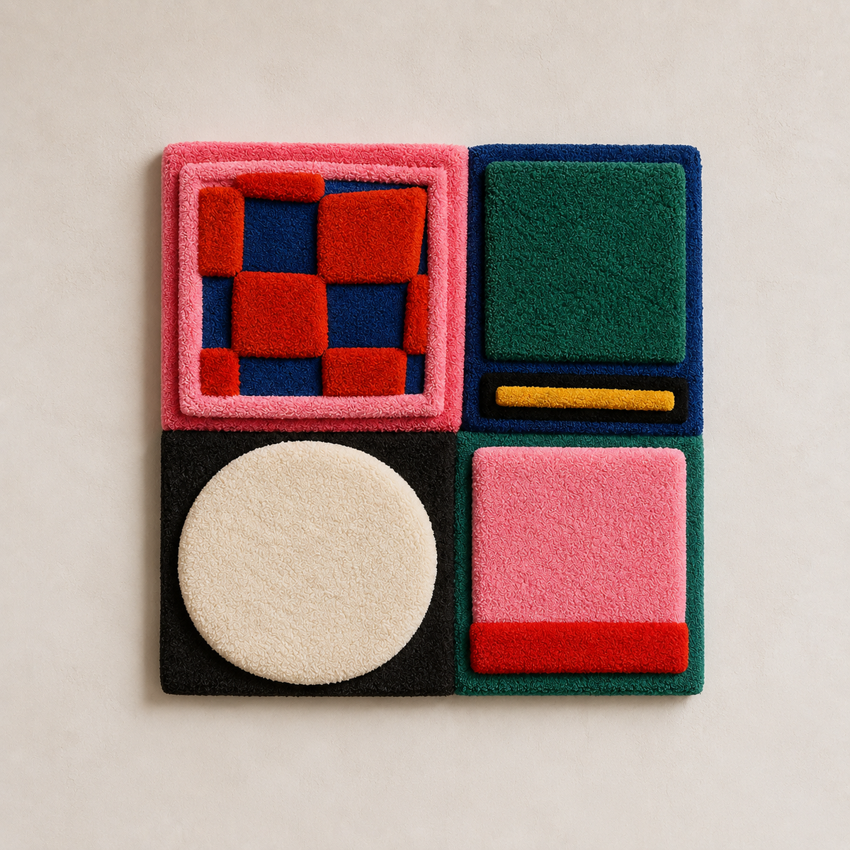 Color block wall art by Hewn Earth featuring vibrant primary colors and geometric shapes on a neutral background.