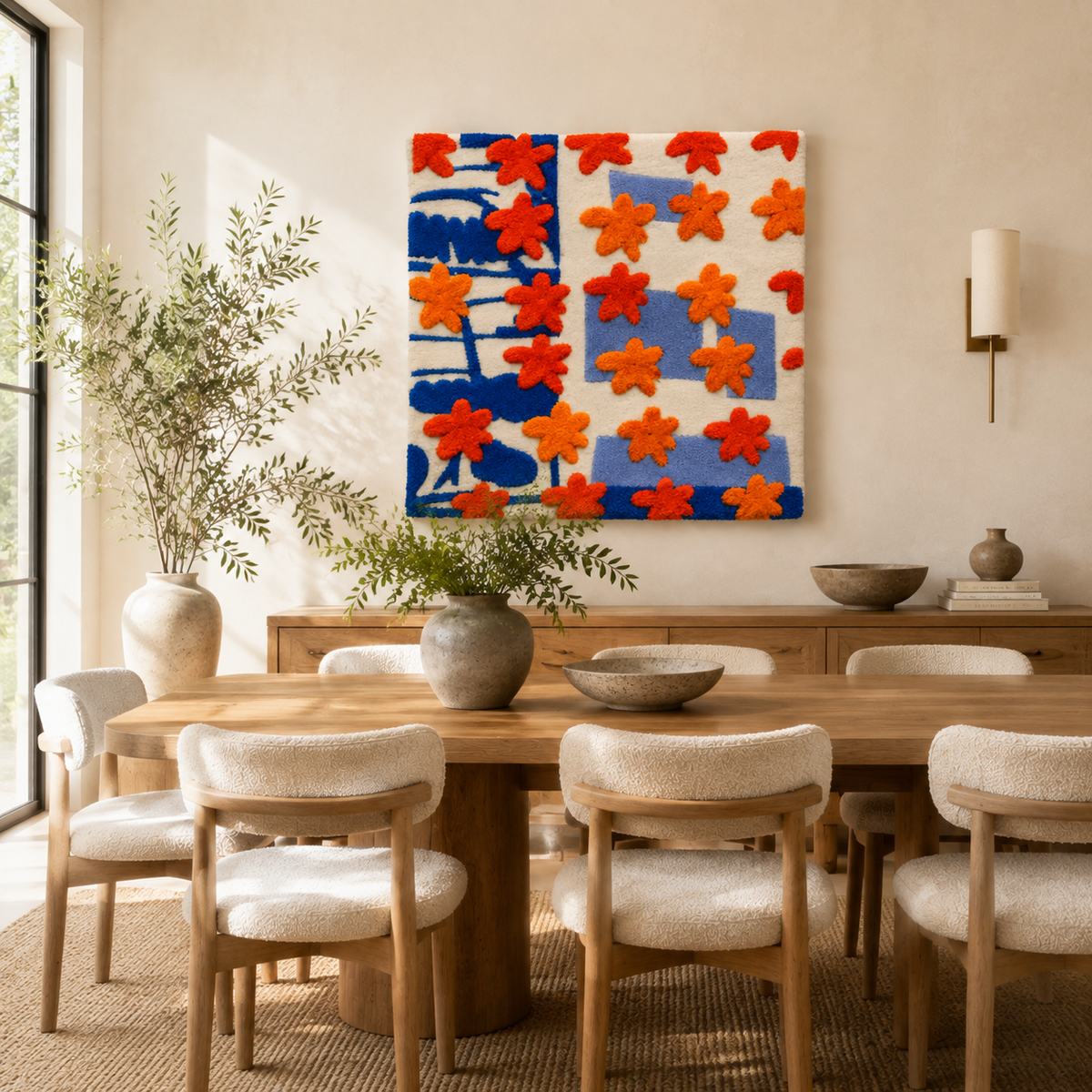 Hewn Earth Marigold Grid Study wall art featuring a vibrant, geometric marigold flower design for modern home decor