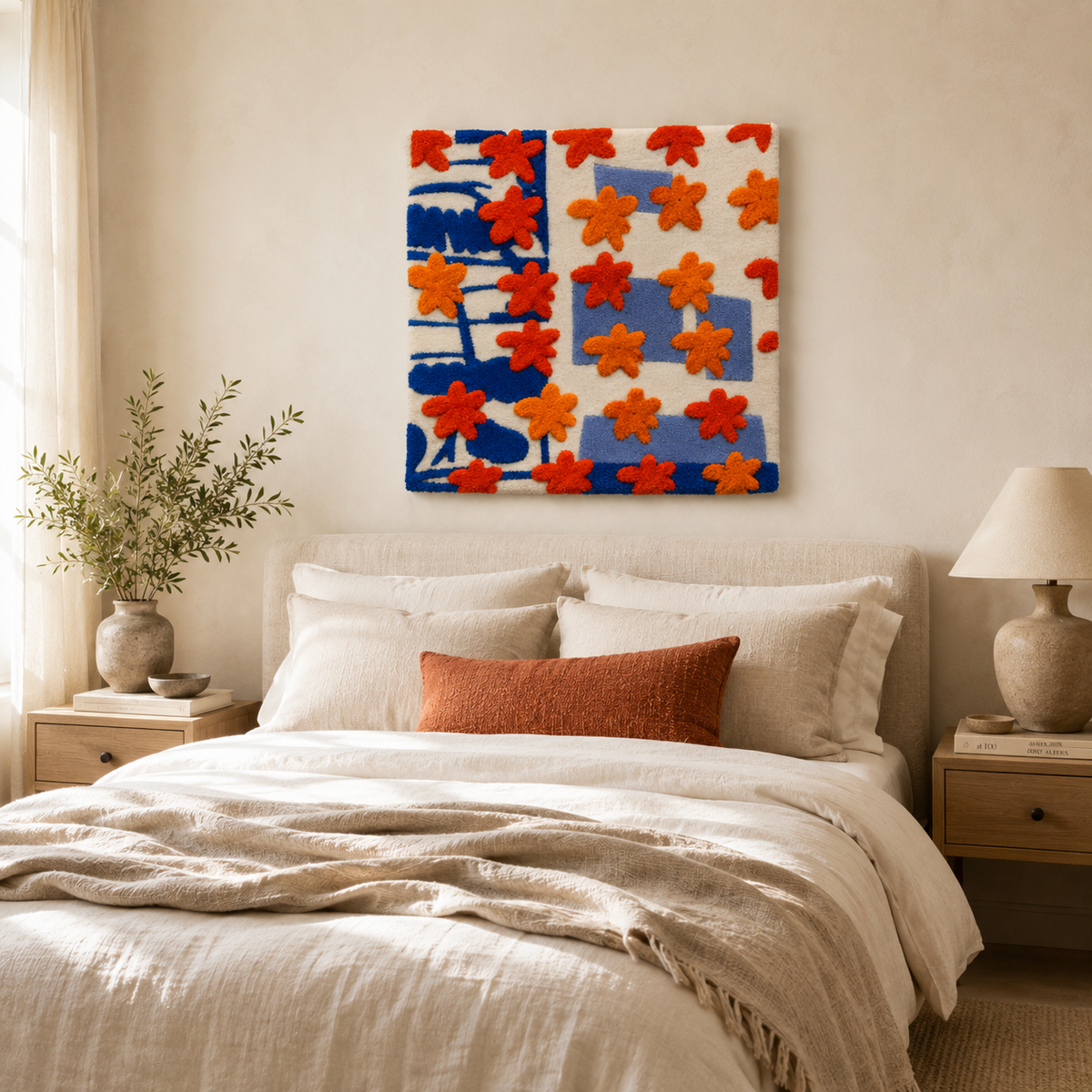 Hewn Earth Marigold Grid Study wall art featuring a vibrant, geometric floral design on a neutral background.