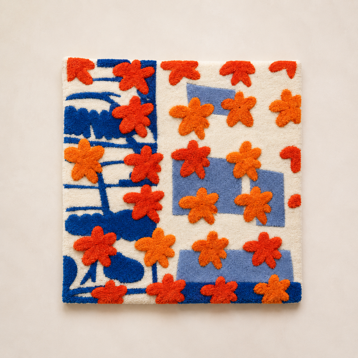 Hewn Earth Marigold Grid Study wall art featuring a vibrant geometric marigold flower design on a neutral background.