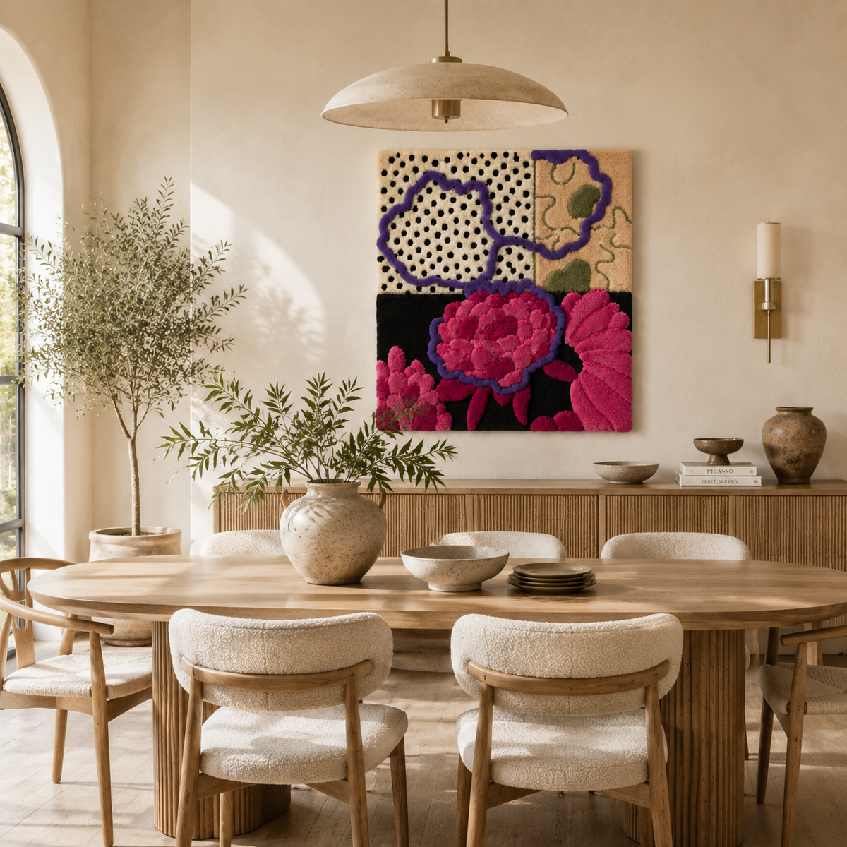 Hewn Earth Peony Circuit wall art featuring a vibrant, abstract floral design on a neutral background, suitable for modern decor.