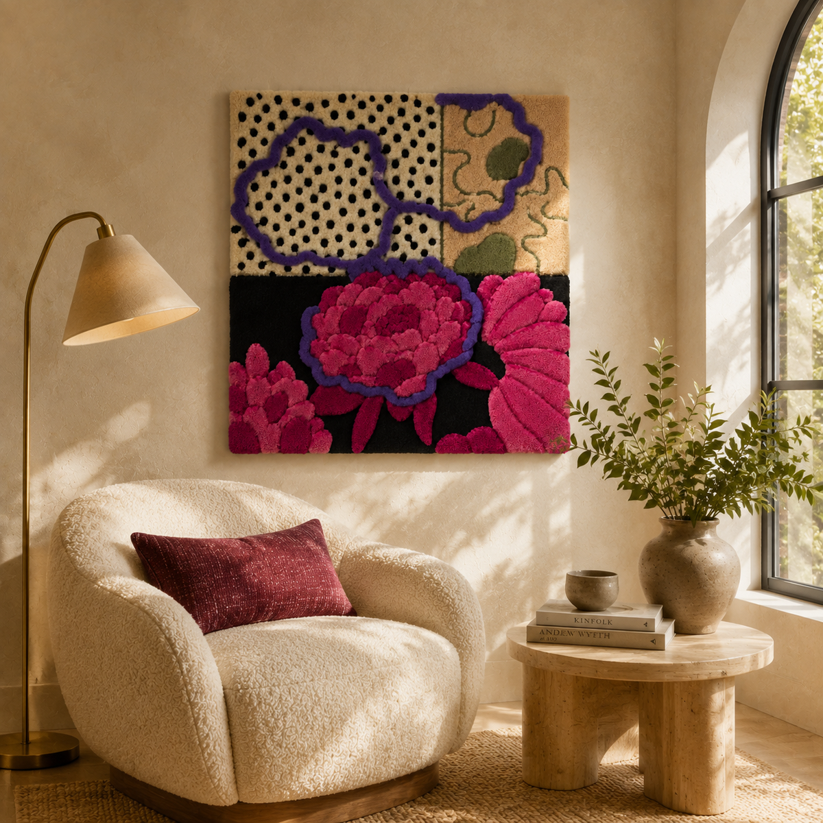 Hewn Earth Peony Circuit wall art featuring a vibrant, detailed floral design on a neutral background.