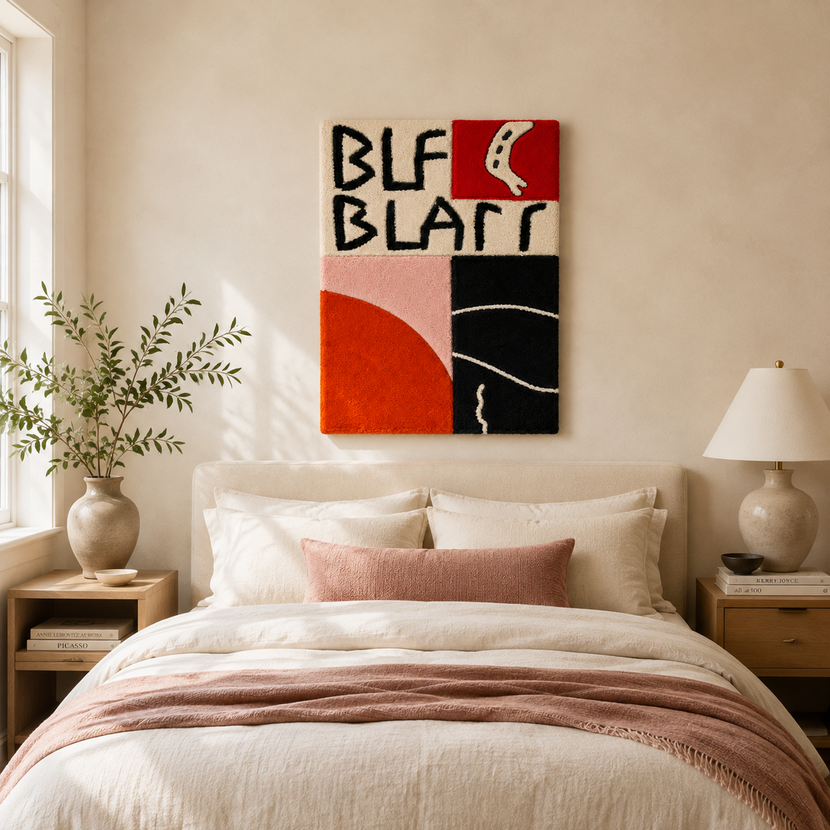 Red and black Hewn Earth wall art featuring letterform design displayed on a room wall.
