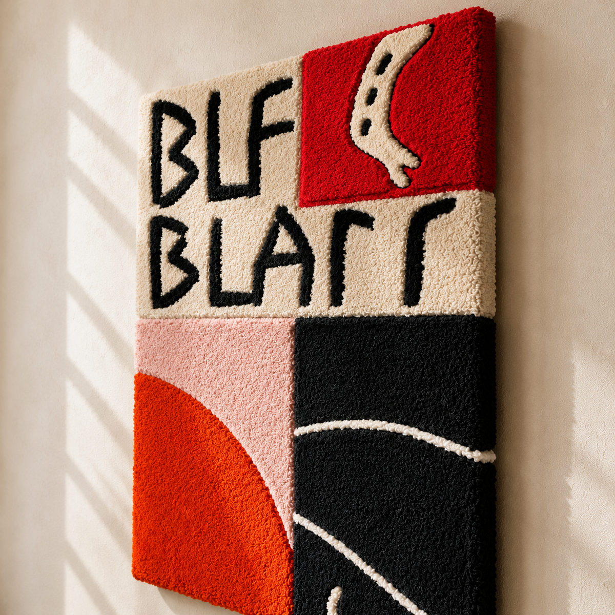 Red and black Hewn Earth wall art featuring letterform design on a neutral background, ideal for modern home decor.