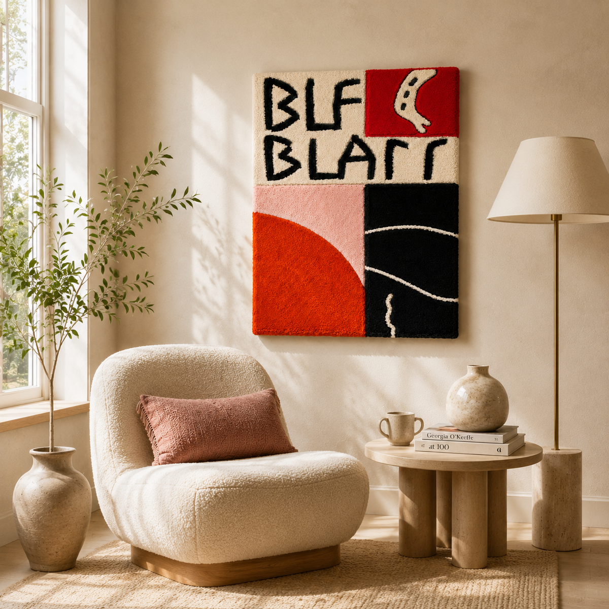 Red and black letterform wall art by Hewn Earth featuring bold, artistic typography on a neutral background.