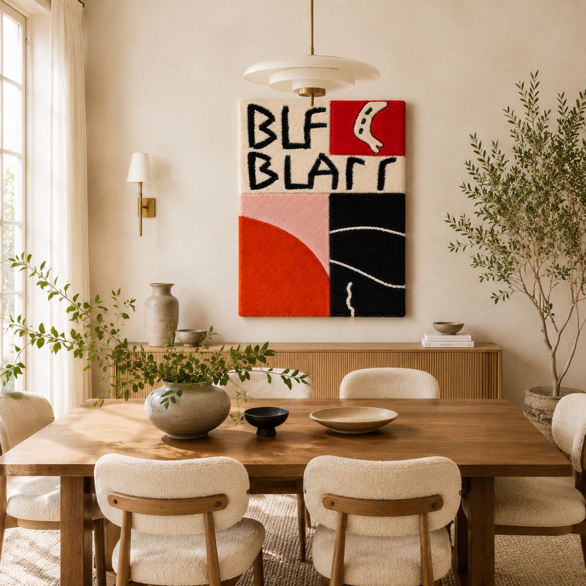 Red and black Hewn Earth wall art featuring bold letterforms displayed on a wall.