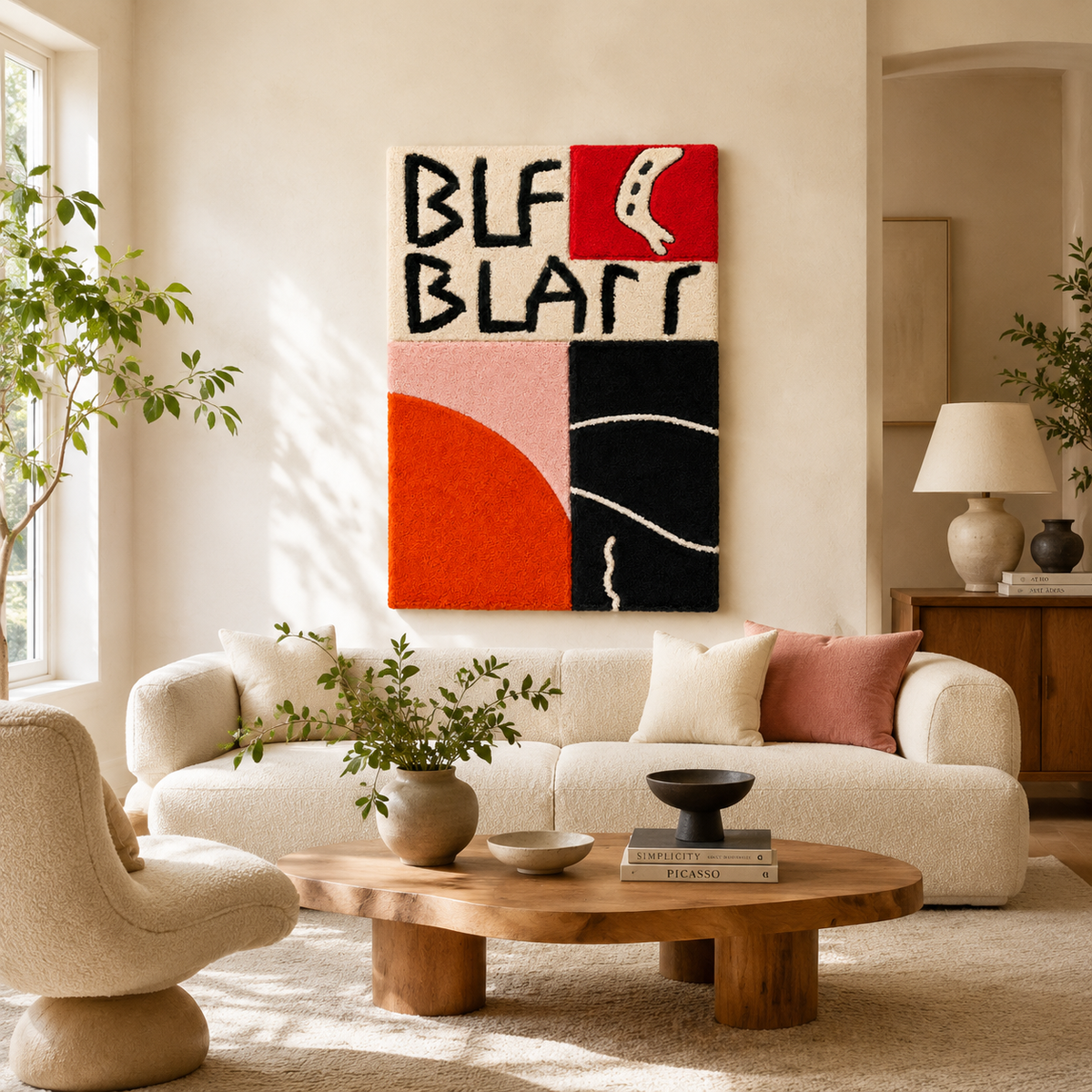 Red and black letterform wall art by Hewn Earth featuring bold, modern typography on a neutral background.