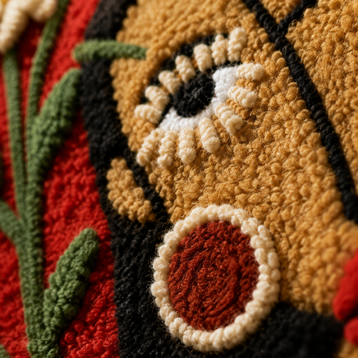 Close-up of Hewn Earth Daisy Red Portrait wall art featuring a detailed, vibrant red daisy flower illustration.