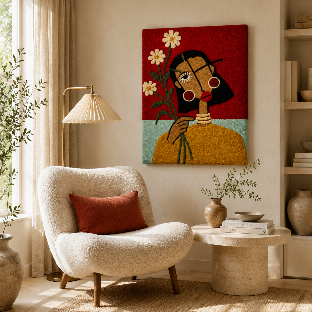 Red Daisy portrait wall art by Hewn Earth showcasing a vibrant flower illustration on a neutral background.