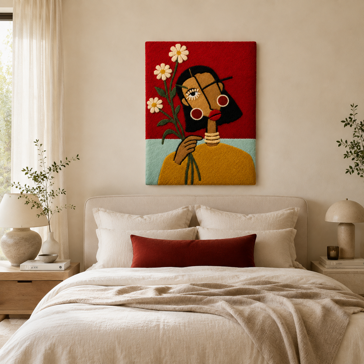 Red daisy portrait wall art by Hewn Earth showing a vibrant red flower against a neutral background.