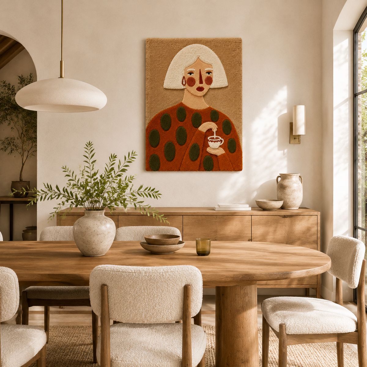 Hewn Earth wall art titled "Tea with Alma," featuring a serene, artistic depiction of tea and nature elements with soft colors.