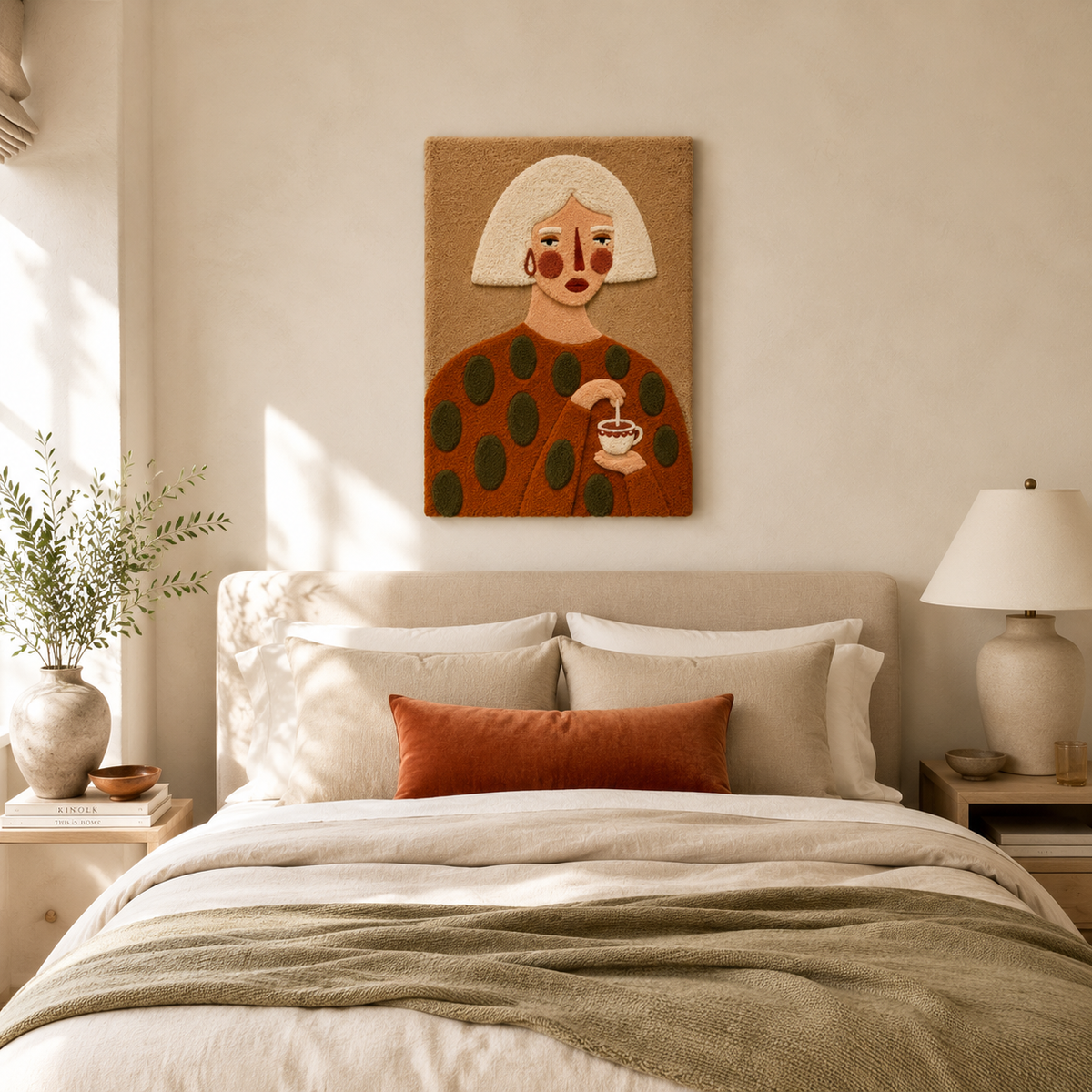 Wall art titled "Tea with Alma" by Hewn Earth, featuring a calming, artistic illustration of a tea scene with warm tones.