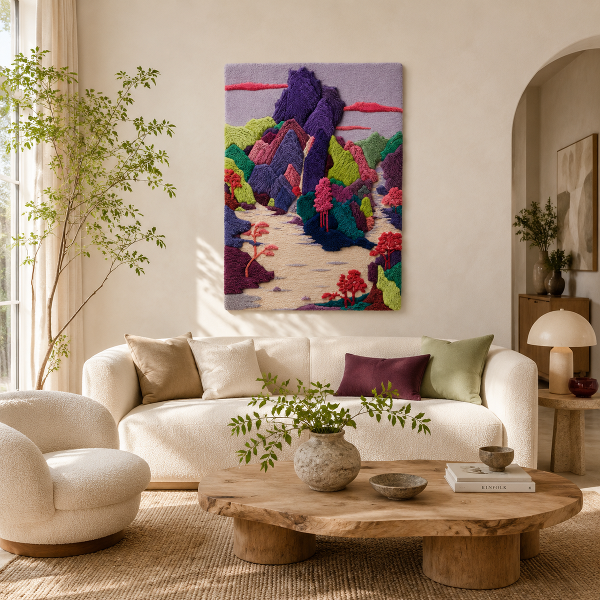 Hewn Earth Violet Canyon Walk wall art print showcasing a vibrant canyon landscape with purple and orange hues