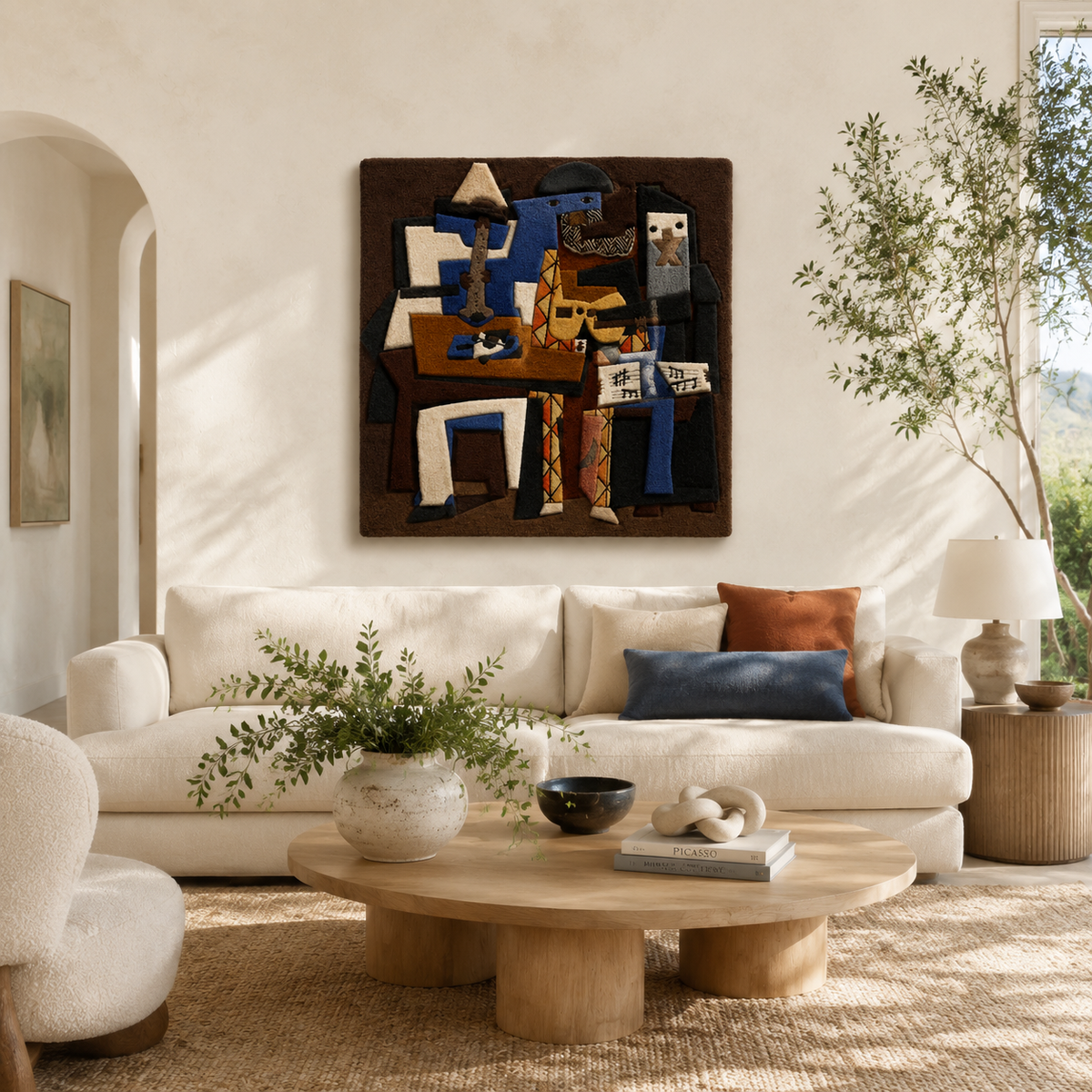 Hewn Earth Midnight Studio Quartet wall art displayed on a room wall, featuring abstract designs in dark and neutral tones.