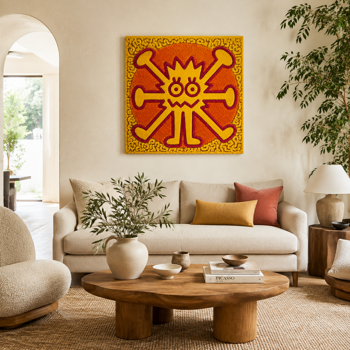 Hewn Earth Solar Glyph wall art featuring a geometric solar design displayed on a modern interior wall.