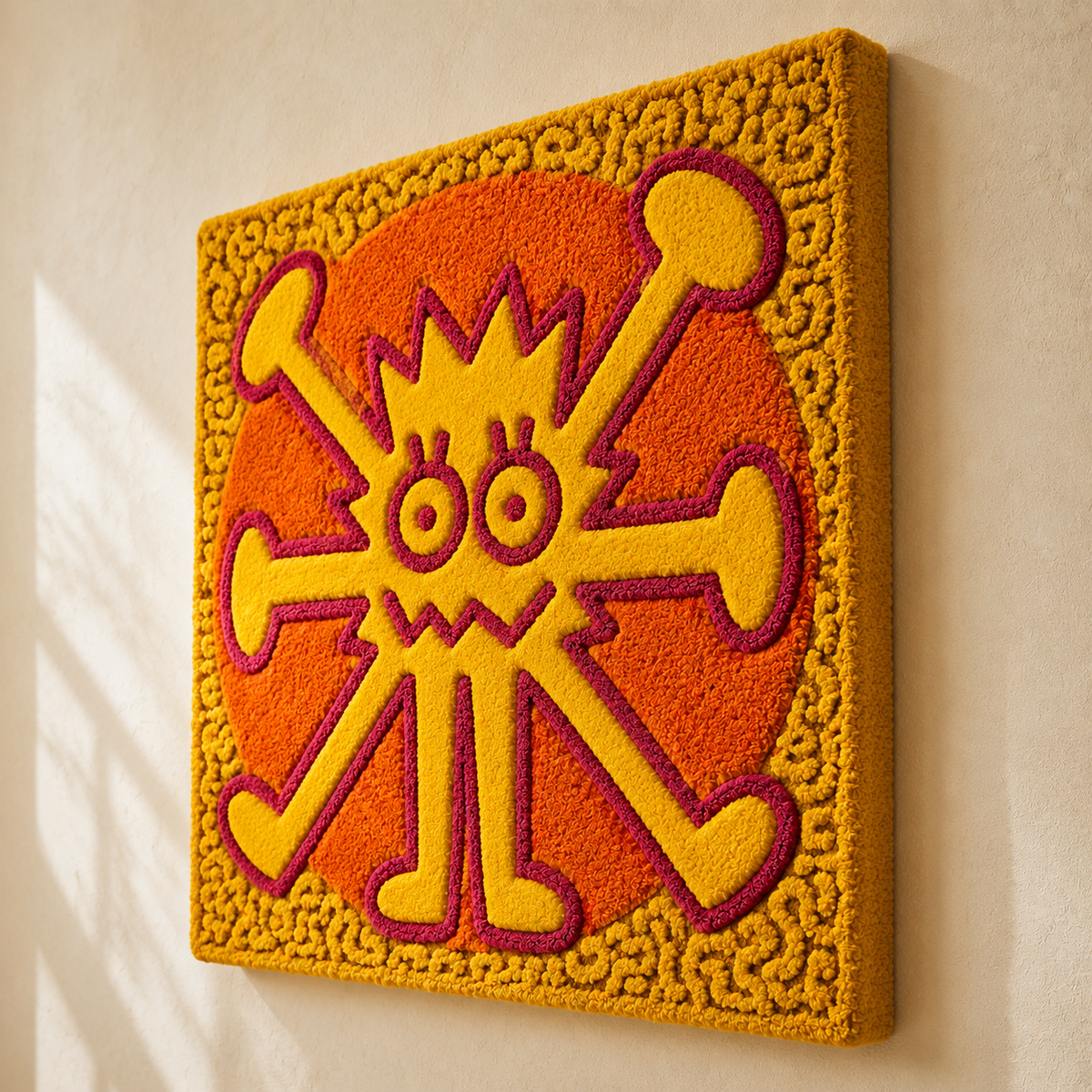 Hewn Earth Solar Glyph wall art featuring a geometric solar design on a textured wall surface.