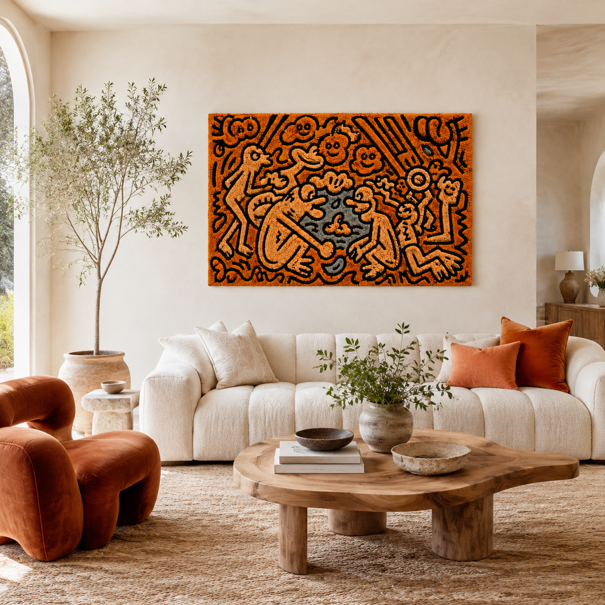 Hewn Earth Ember Maze wall art displayed on a wall, featuring intricate geometric patterns and warm earthy tones.