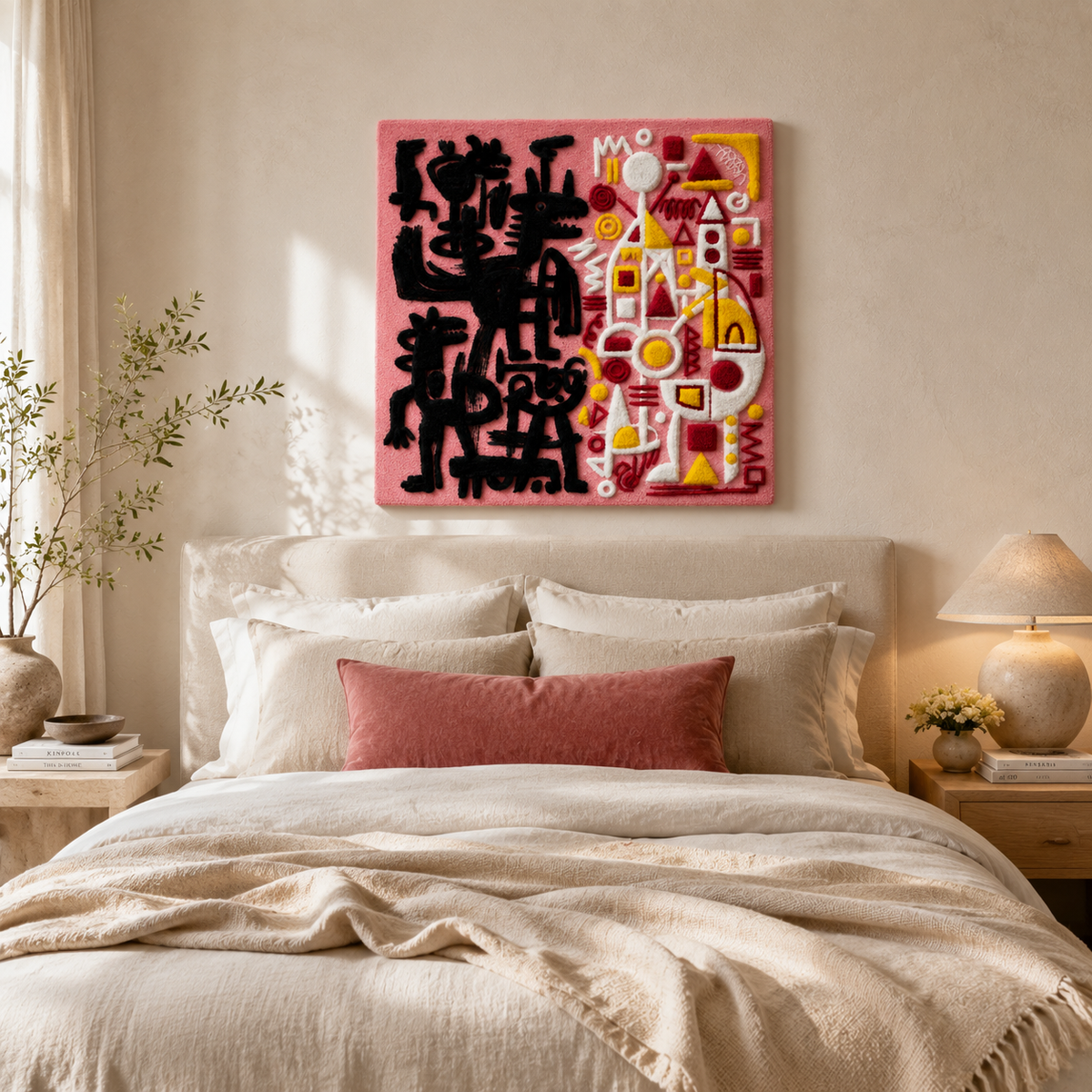 Colorful graffiti candy-themed wall art by Hewn Earth, featuring vibrant designs on a large canvas for modern interior decor.