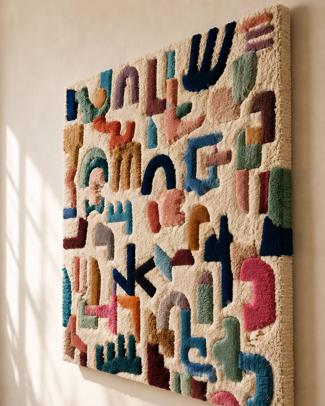 Colorful alphabet garden wall art by Hewn Earth featuring vibrant plant and letter illustrations for children's room decor.
