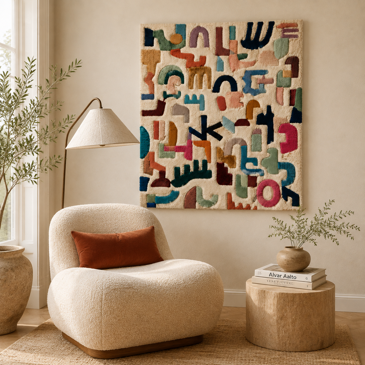 Colorful Alphabet Garden wall art by Hewn Earth featuring vibrant, whimsical letters and garden-themed illustrations on a white background.
