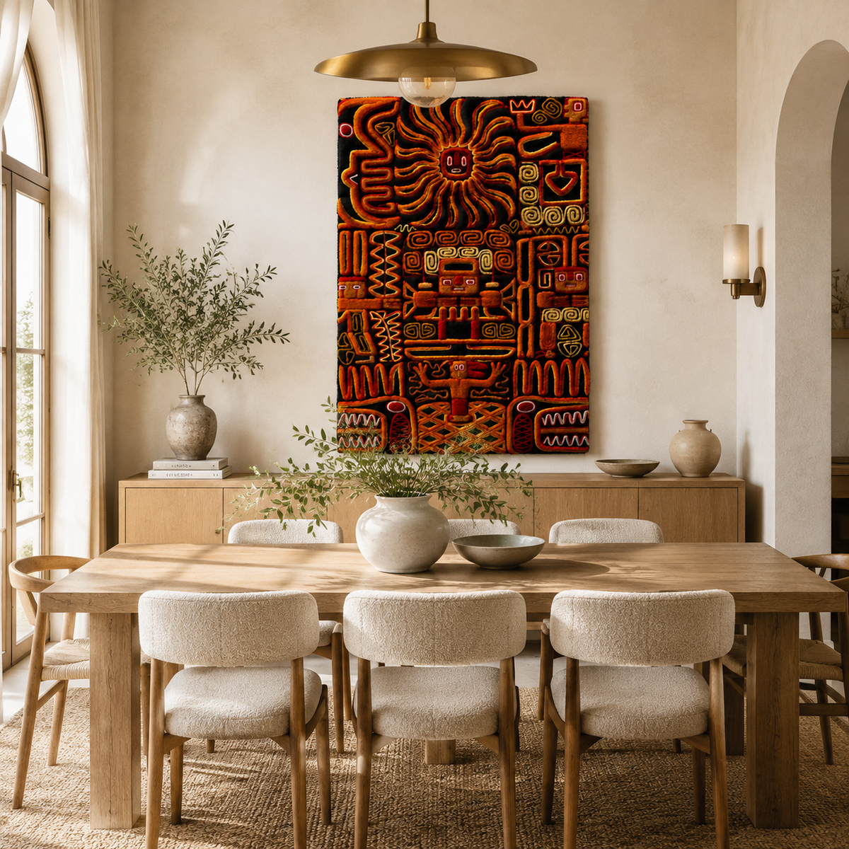 Hewn Earth Ember Codex wall art featuring vibrant, abstract designs displayed on a modern wall display.
