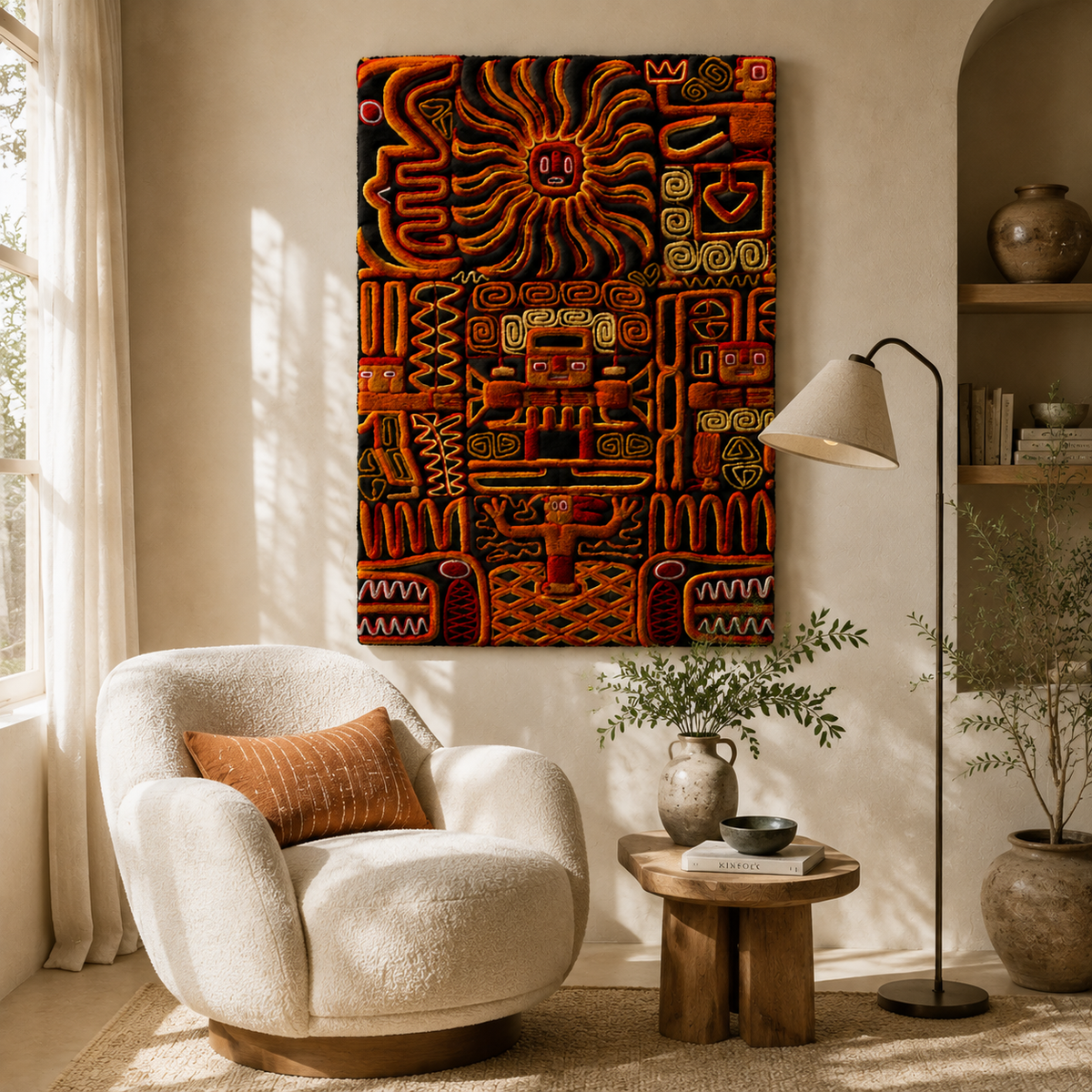 Hewn Earth Ember Codex wall art featuring abstract fiery designs on a textured surface, suitable for modern interior decor.