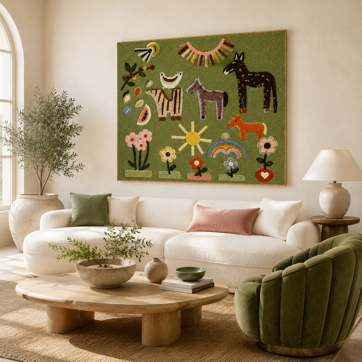 Hewn Earth Meadow Animal Calendar wall art featuring colorful illustrations of various meadow animals on a decorative calendar page.