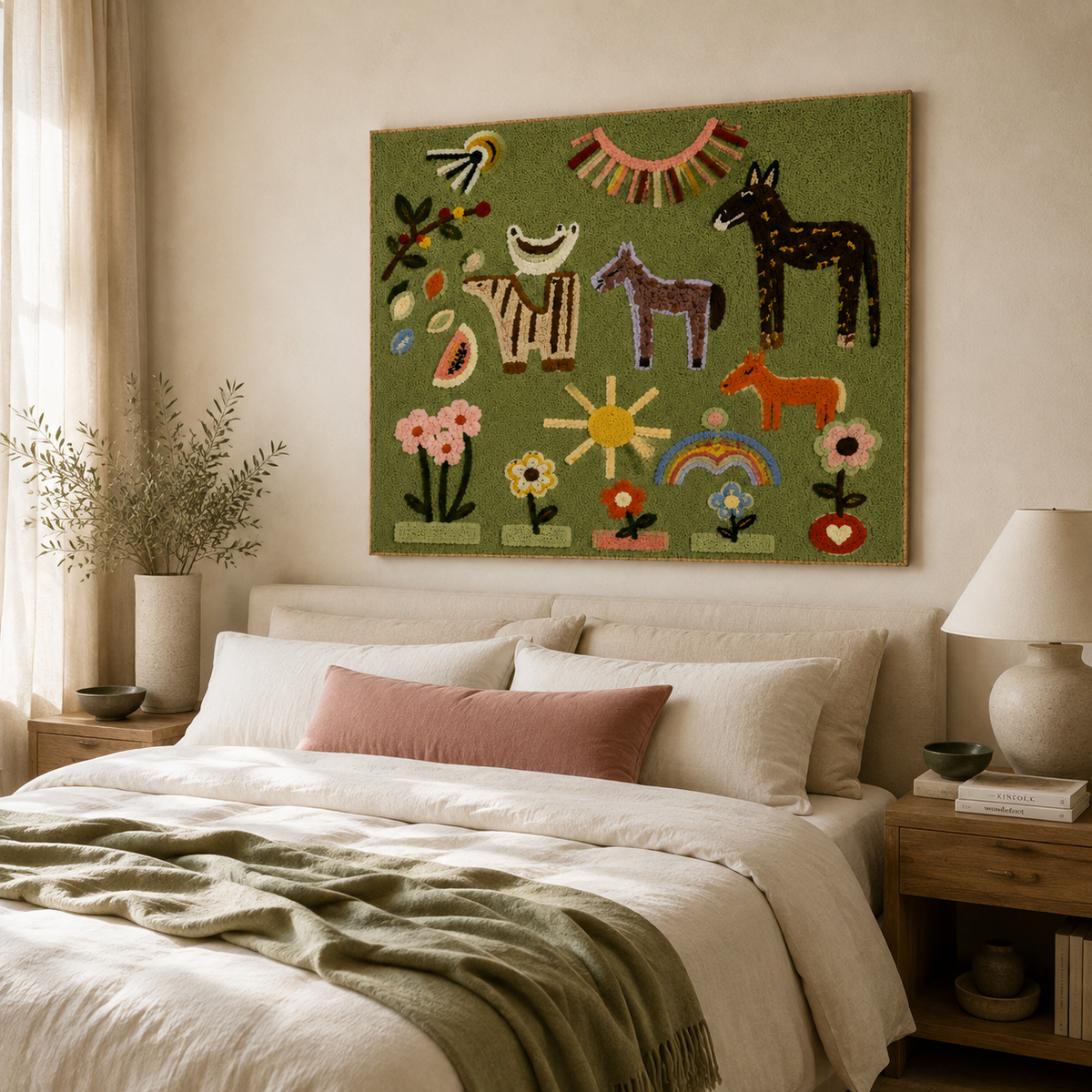 Hewn Earth Meadow Animal Calendar wall art featuring colorful illustrated animals on a natural background.