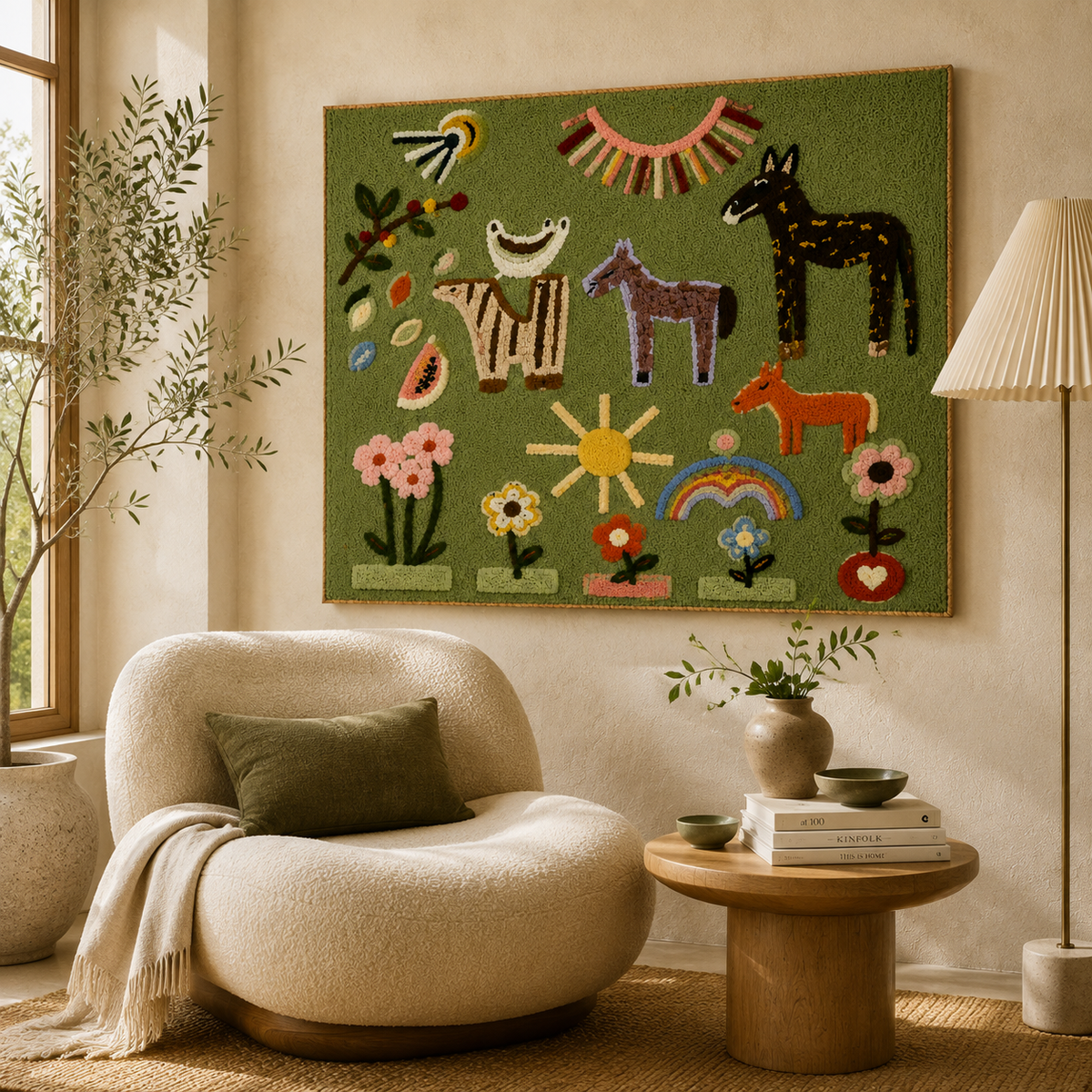 Hewn Earth Meadow Animal Calendar wall art featuring colorful illustrations of various meadow animals on a decorative background
