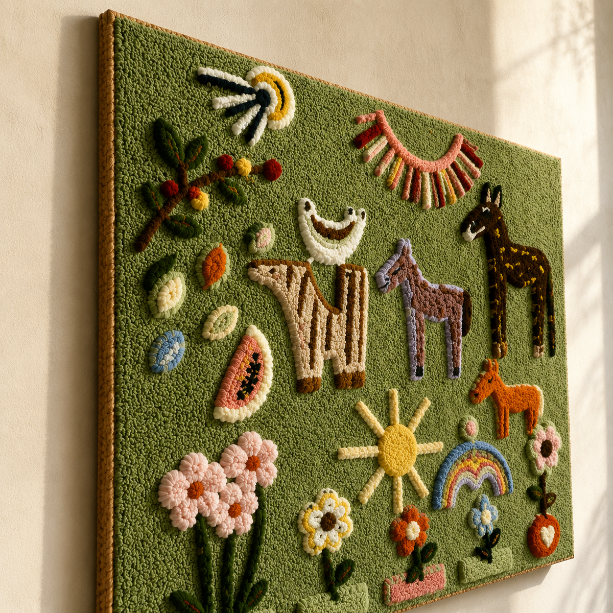 Hewn Earth Meadow Animal Calendar wall art featuring colorful illustrated animals on a scenic background.