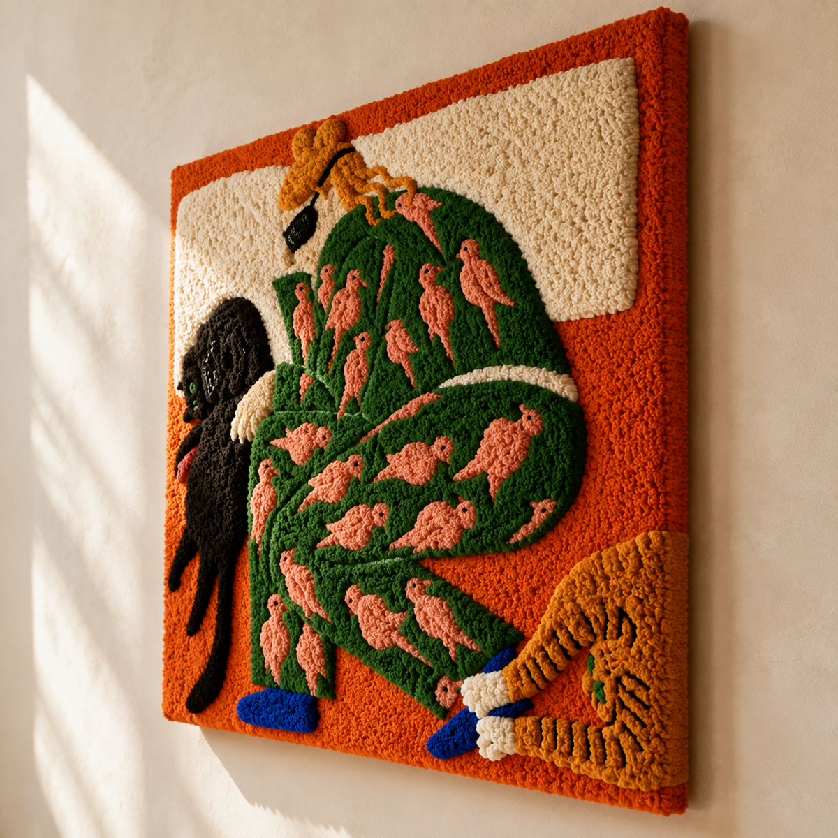 Hewn Earth Cat Garden Siesta wall art featuring a peaceful cat lounging in a lush garden scene.