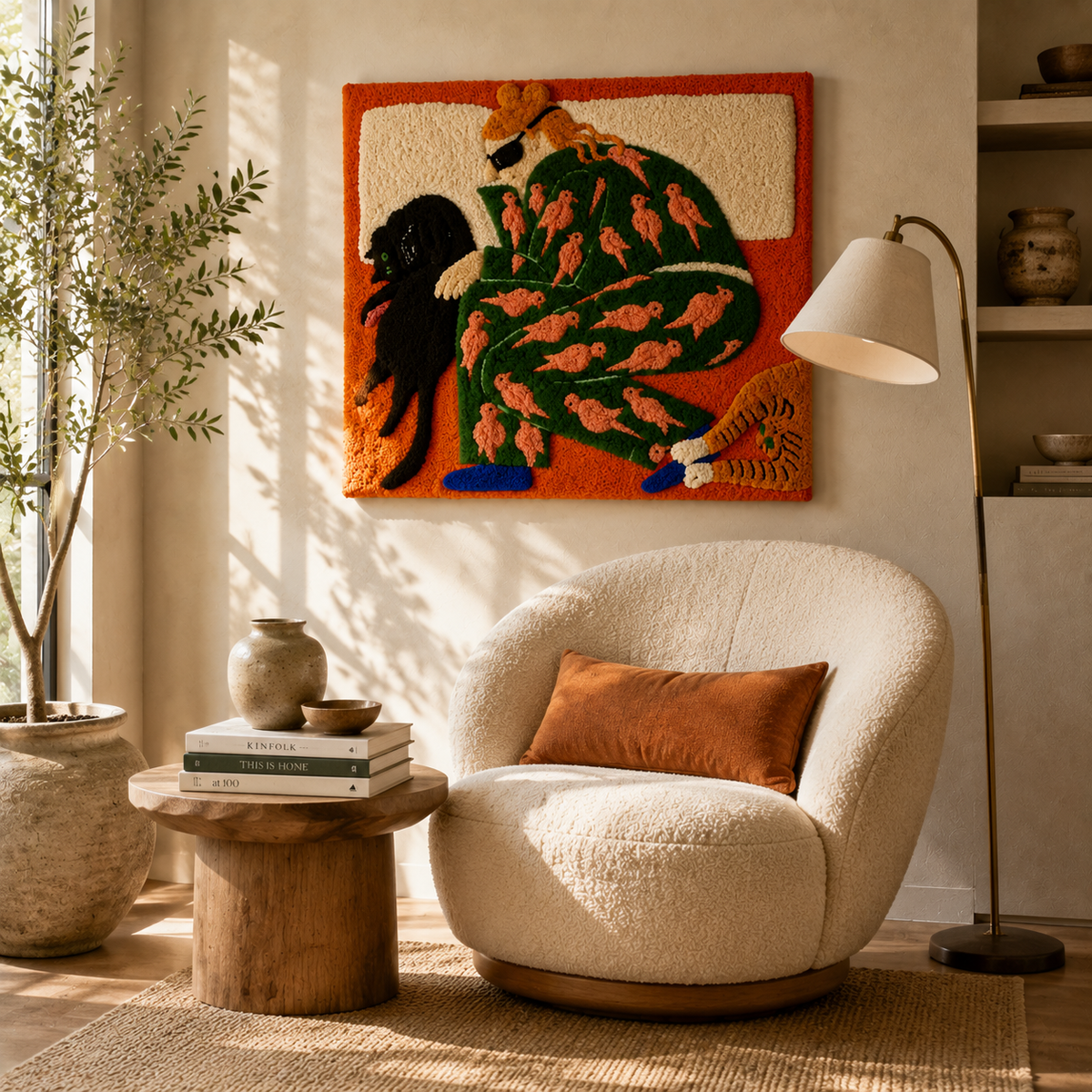 Hewn Earth Cat Garden Siesta wall art featuring a serene cat napping in a lush garden scene, vibrant and detailed.