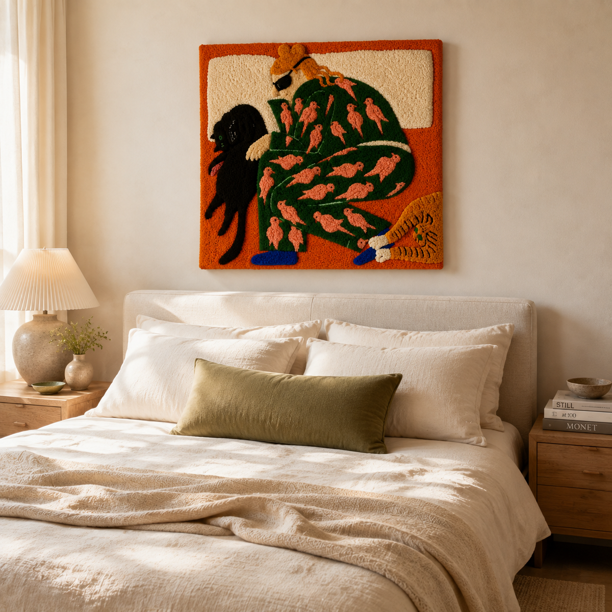 Hewn Earth Cat Garden Siesta wall art featuring a serene cat lounging among garden flowers and greenery.