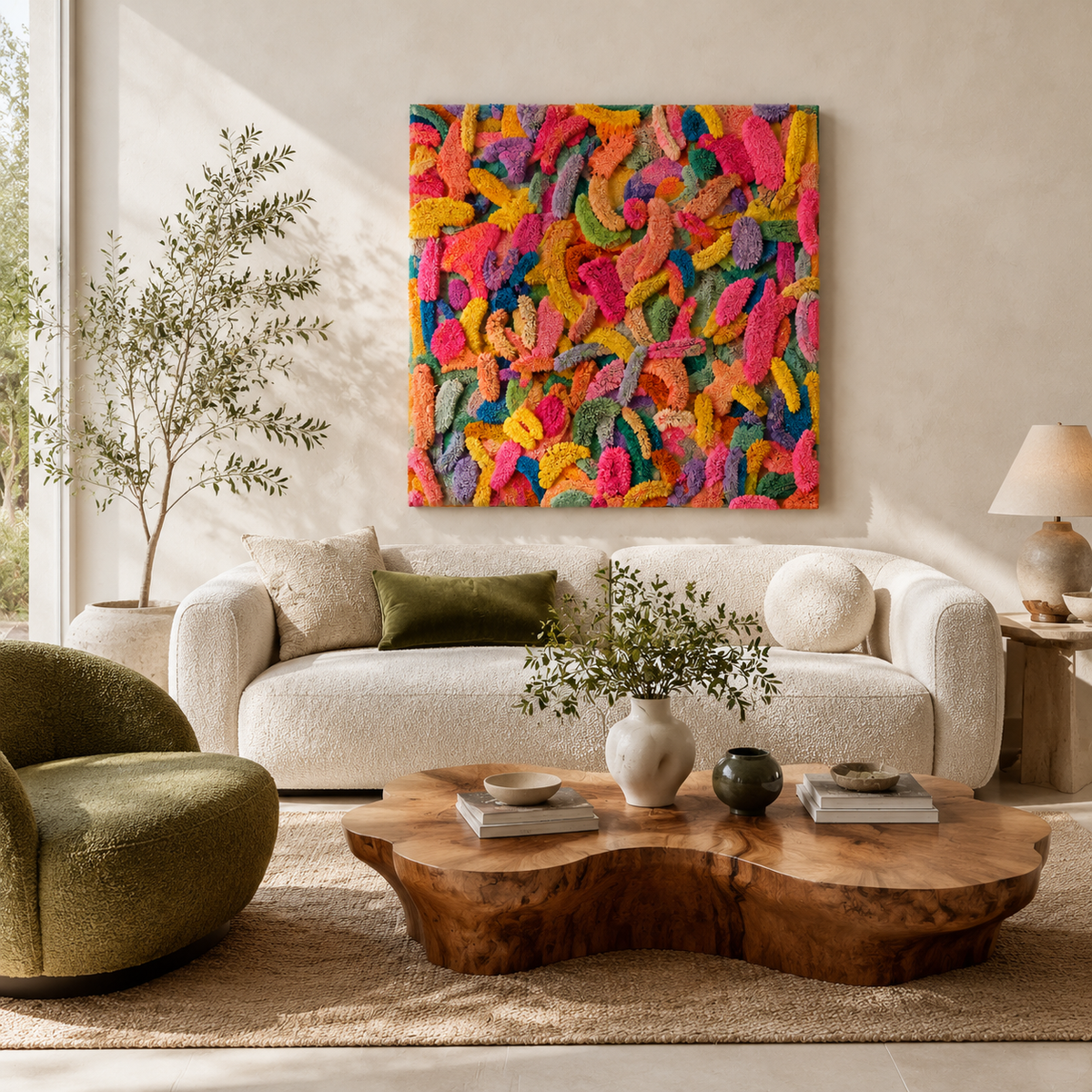 Colorful confetti pile wall art by Hewn Earth, featuring vibrant paper pieces arranged in a lively, textured display.